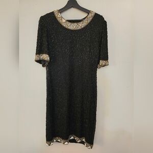Elegant Black Beaded Midi Dress 100% Silk with Gold And Silver Trim